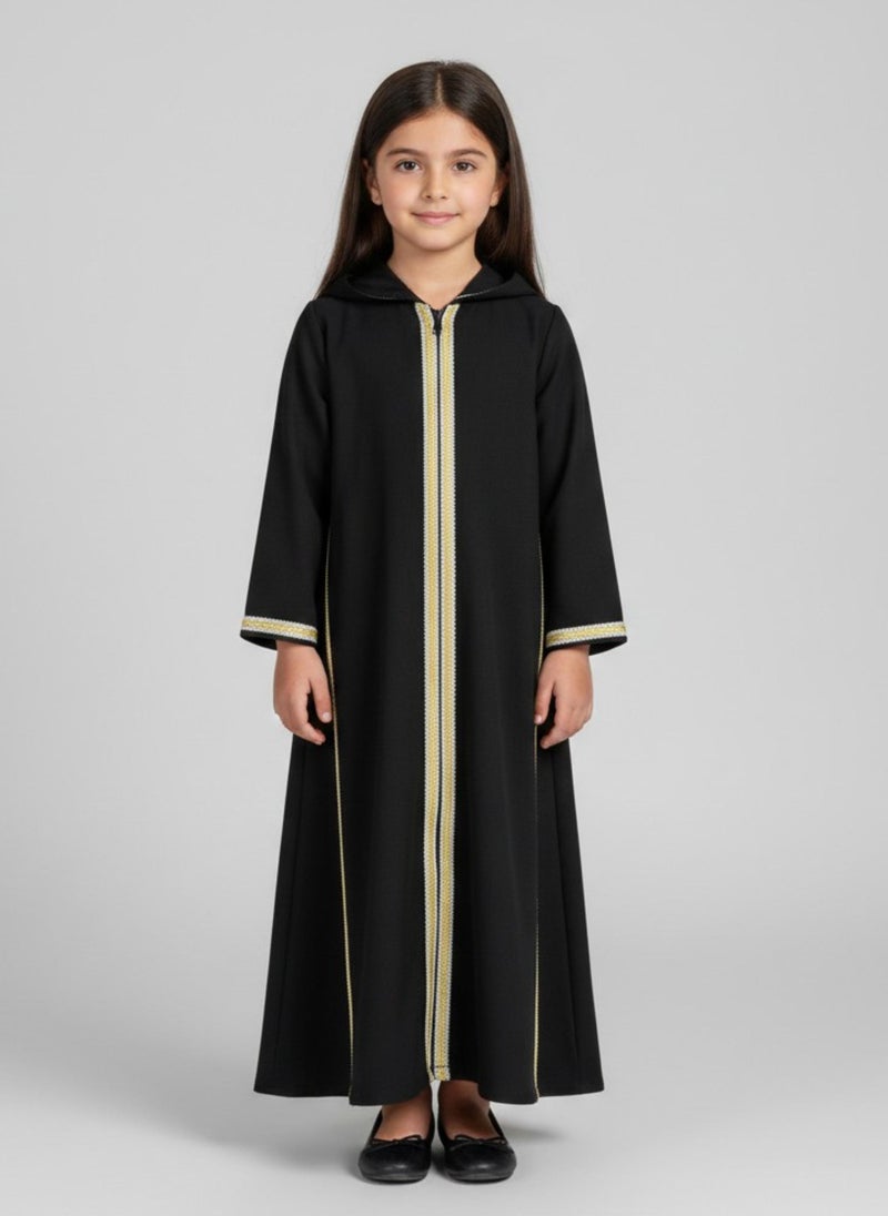 babyqlo فستان كفتان عربي للمناسبات باللون الأسود للفتيات مع حواف ذهبية - Image 1